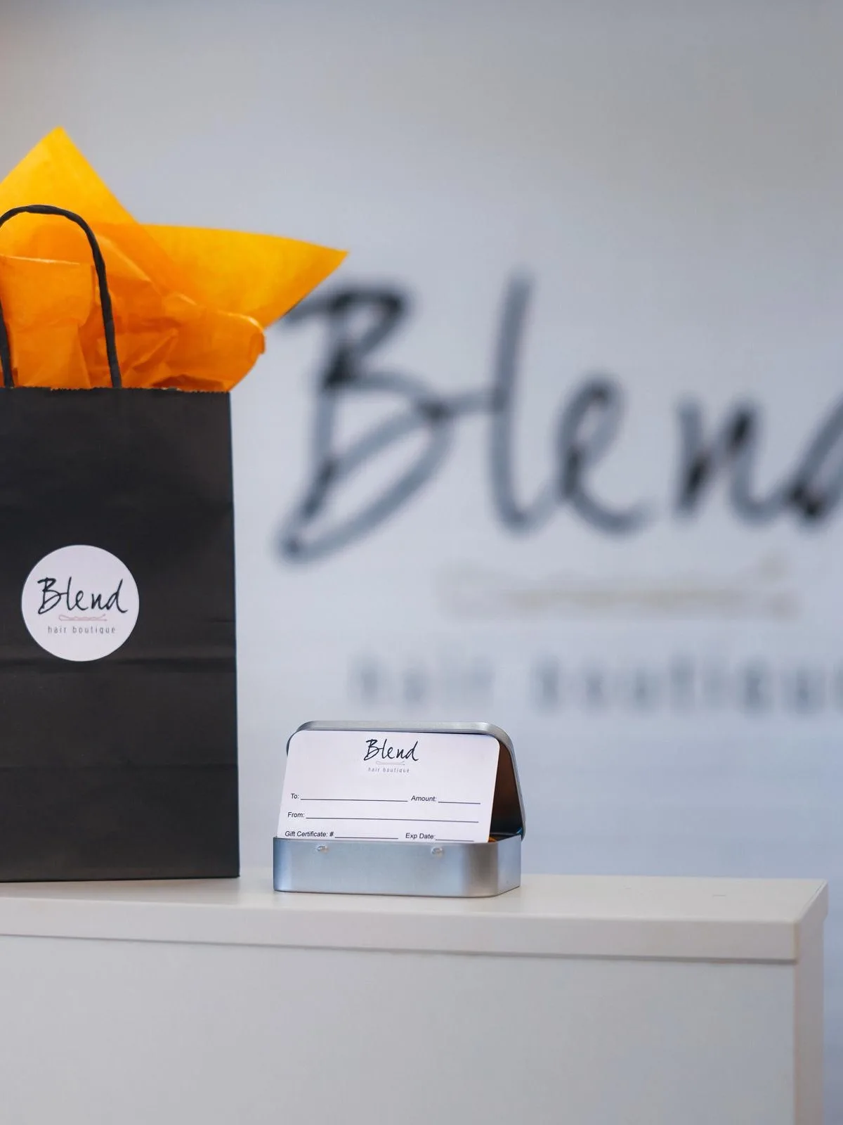 Blend Hair Boutique gift certificate and gift bag at the salon in Plantation, FL